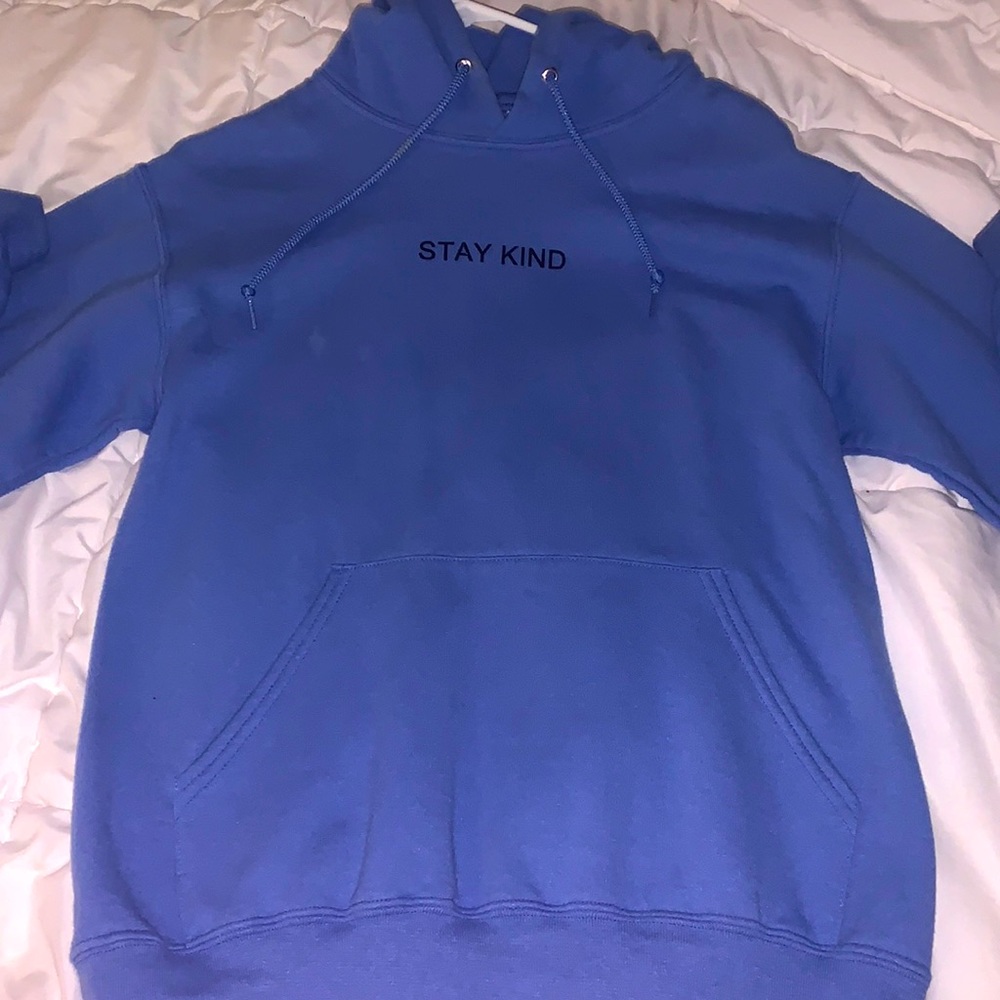 blue “stay kind” hoodie